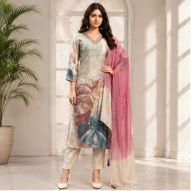 A woman models a three-piece Indian ethnic salwar kameez suit set. The set includes a light beige printed kurta with blue and pink floral motifs, matching beige trousers, and a pink and beige gradient dupatta.