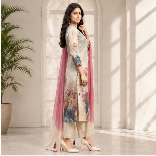 A woman models a traditional Indian salwar kameez suit in a bright, sunlit room. The outfit features a light sage green and beige printed kurta with a pink tulle dupatta, paired with beige trousers and white heels.