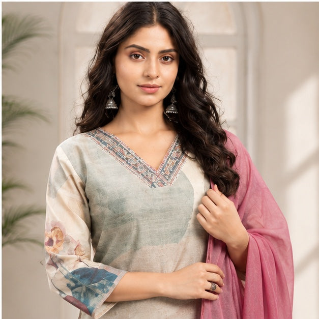 A woman modeling a light sage green printed kurta with a pink dupatta, set against a softly blurred indoor background.