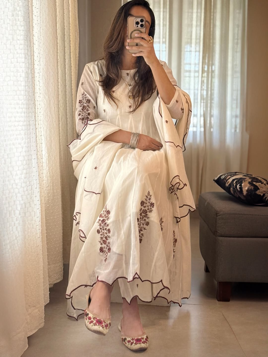 Ivory Bloom Anarkali Set | Embroidered Chanderi Suit