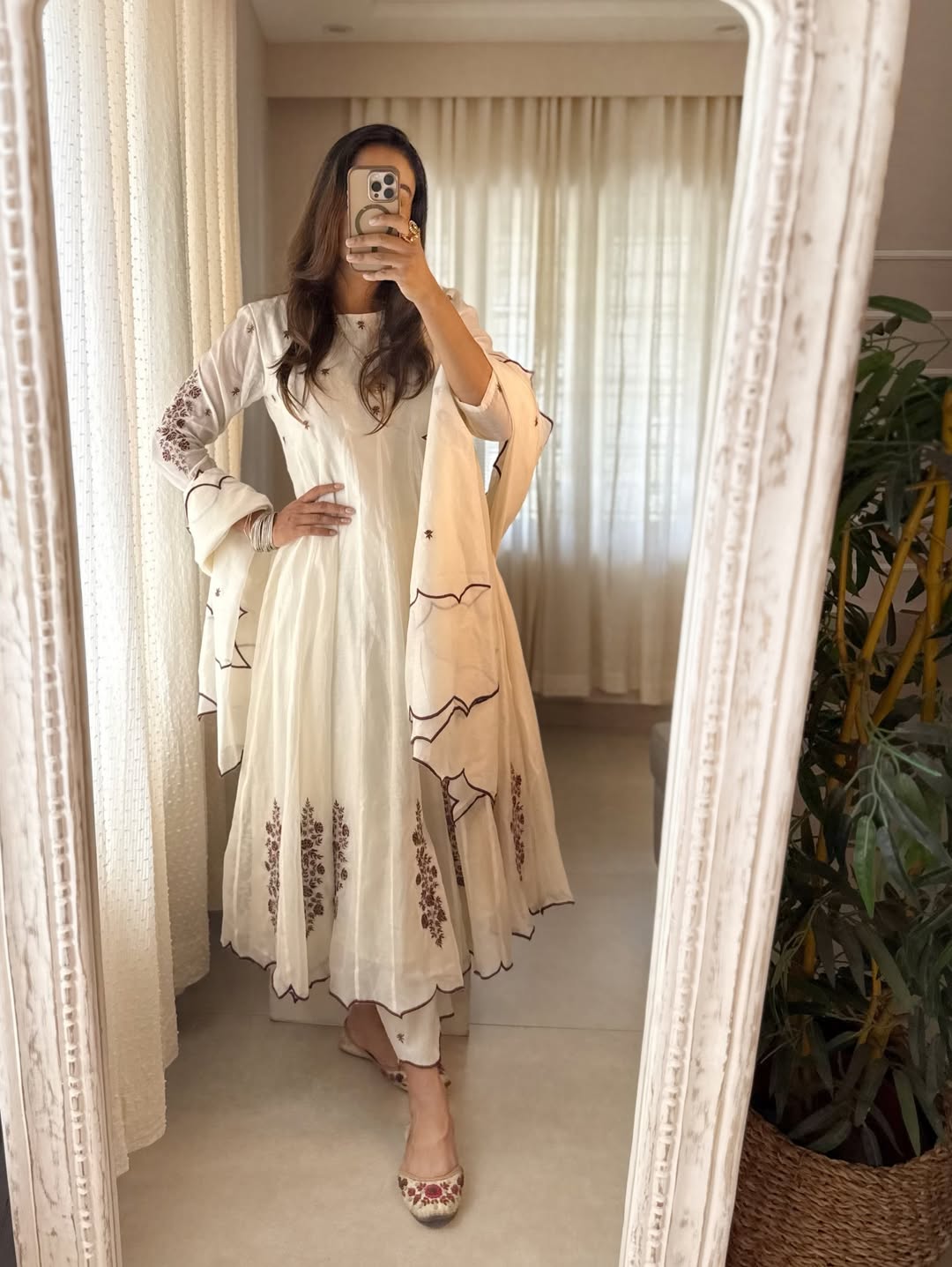 Ivory Bloom Anarkali Set | Embroidered Chanderi Suit