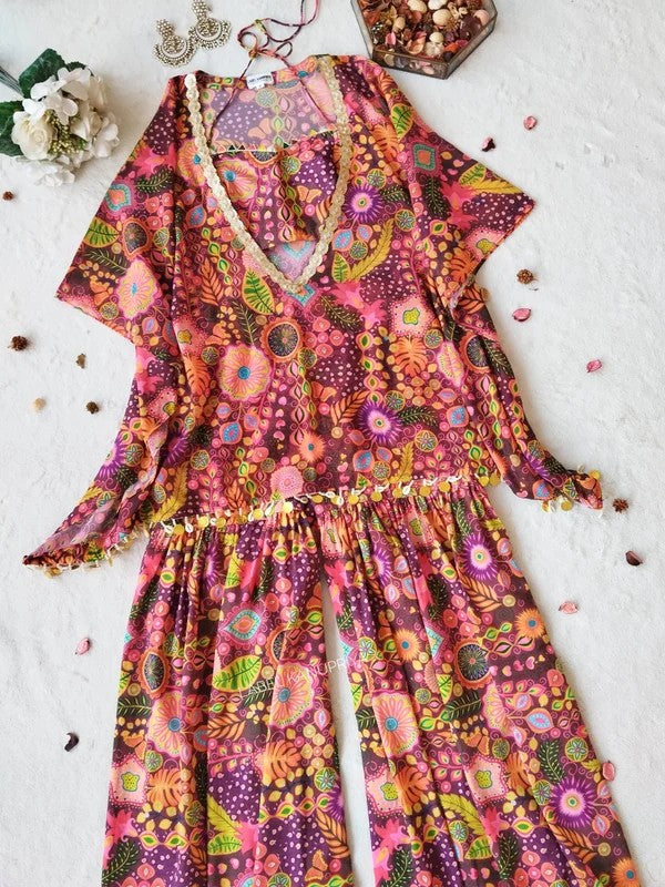 Bohemian Digital Print Kaftan, Crop Top & Sharara Set
