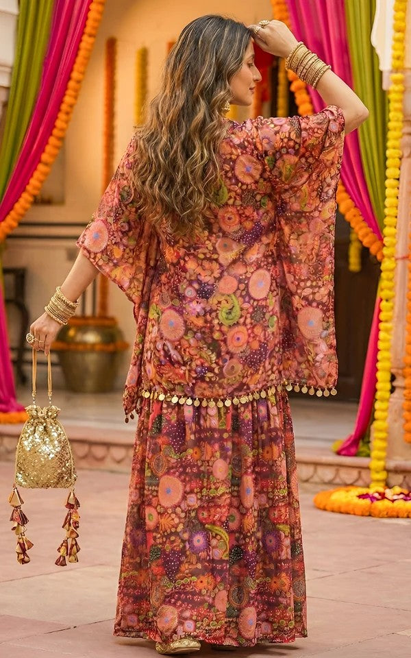Bohemian Digital Print Kaftan, Crop Top & Sharara Set