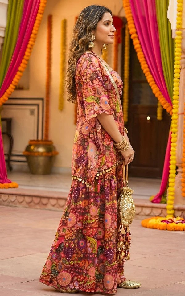 Bohemian Digital Print Kaftan, Crop Top & Sharara Set