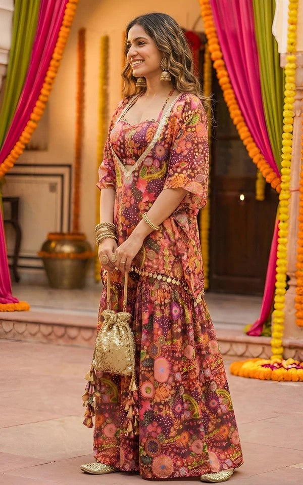 Bohemian Digital Print Kaftan, Crop Top & Sharara Set