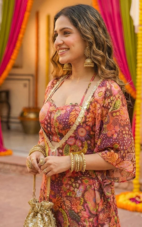 Bohemian Digital Print Kaftan, Crop Top & Sharara Set