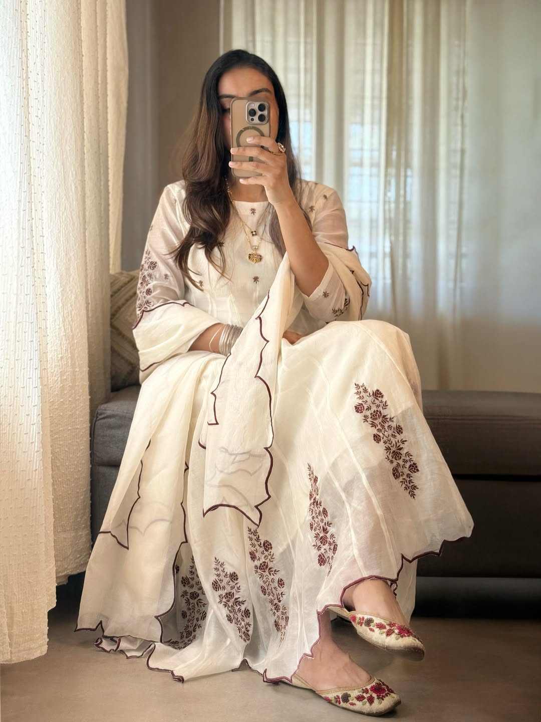 Ivory Bloom Anarkali Set | Embroidered Chanderi Suit