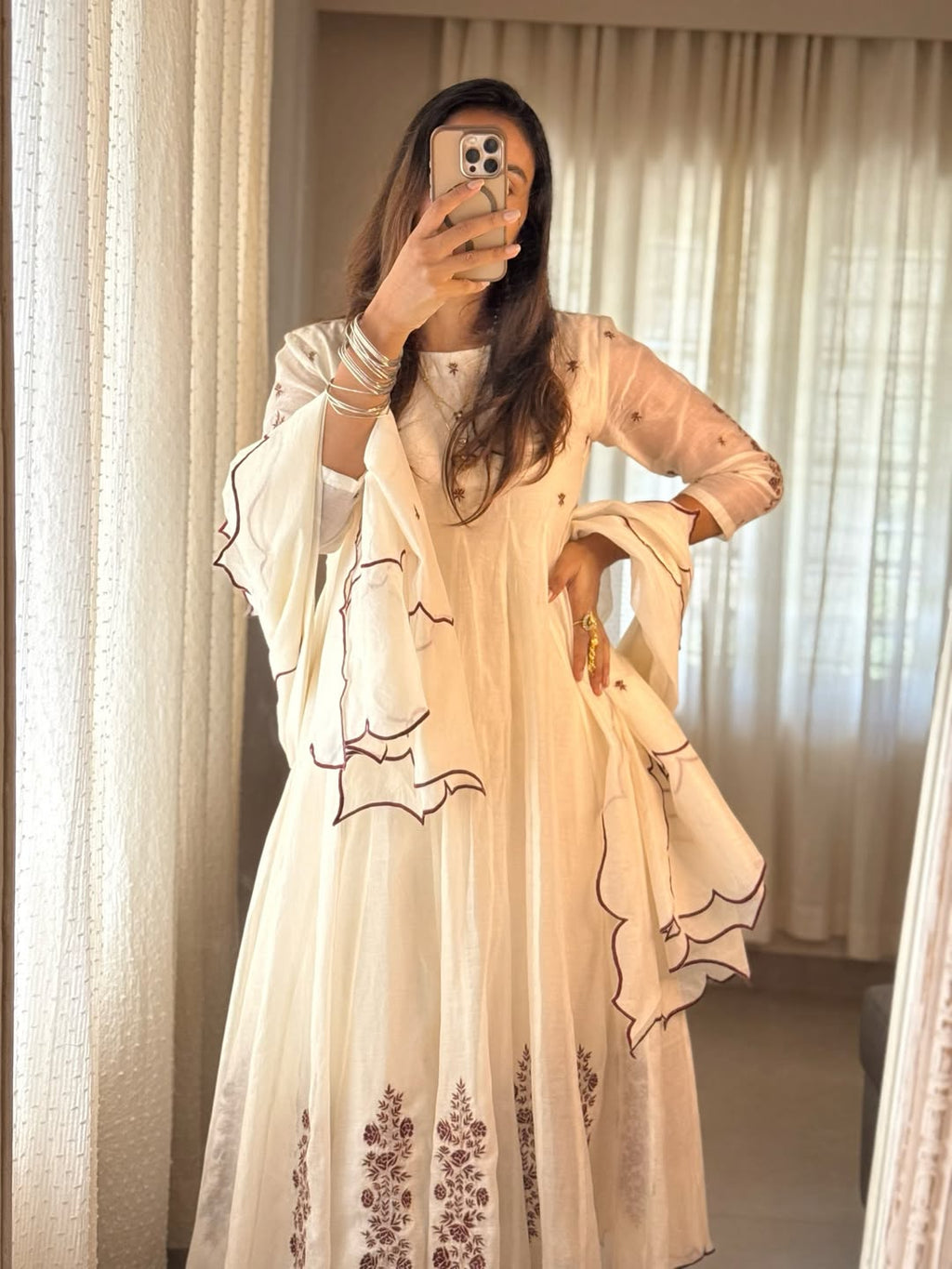 Ivory Bloom Anarkali Set | Embroidered Chanderi Suit