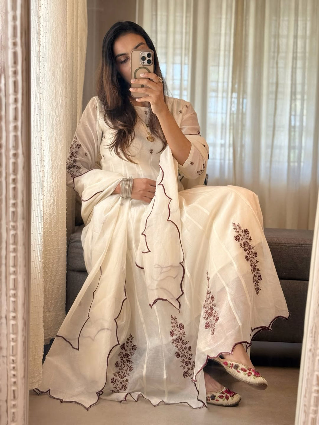 Ivory Bloom Anarkali Set | Embroidered Chanderi Suit