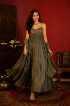 Party Wear Olive Green Upada Silk Anarkali Suit Set with Chiffon Dupatta for Women