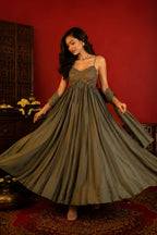 Party Wear Olive Green Upada Silk Anarkali Suit Set with Chiffon Dupatta for Women