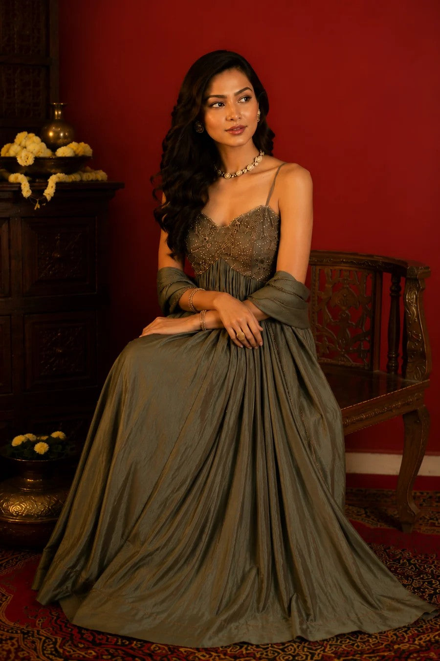Party Wear Olive Green Upada Silk Anarkali Suit Set with Chiffon Dupatta for Women