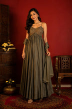 Party Wear Olive Green Upada Silk Anarkali Suit Set with Chiffon Dupatta for Women