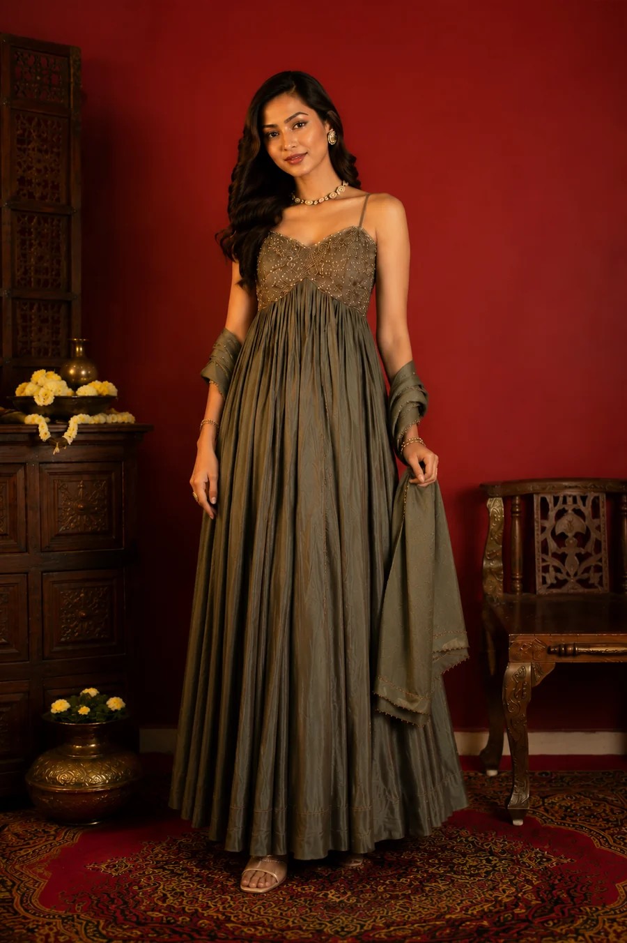 Party Wear Olive Green Upada Silk Anarkali Suit Set with Chiffon Dupatta for Women