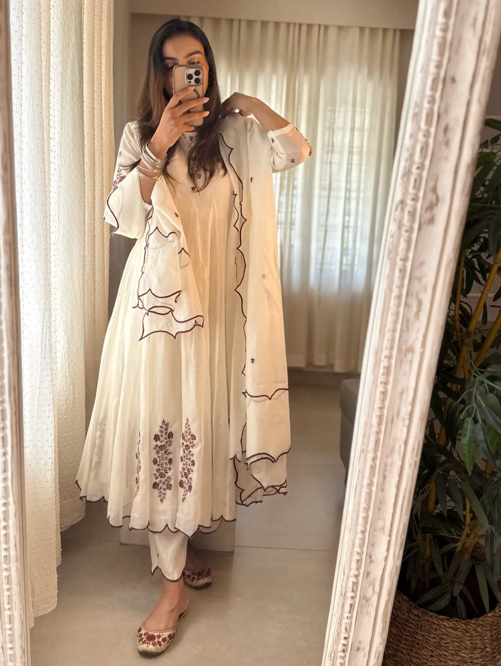 Ivory Bloom Anarkali Set | Embroidered Chanderi Suit