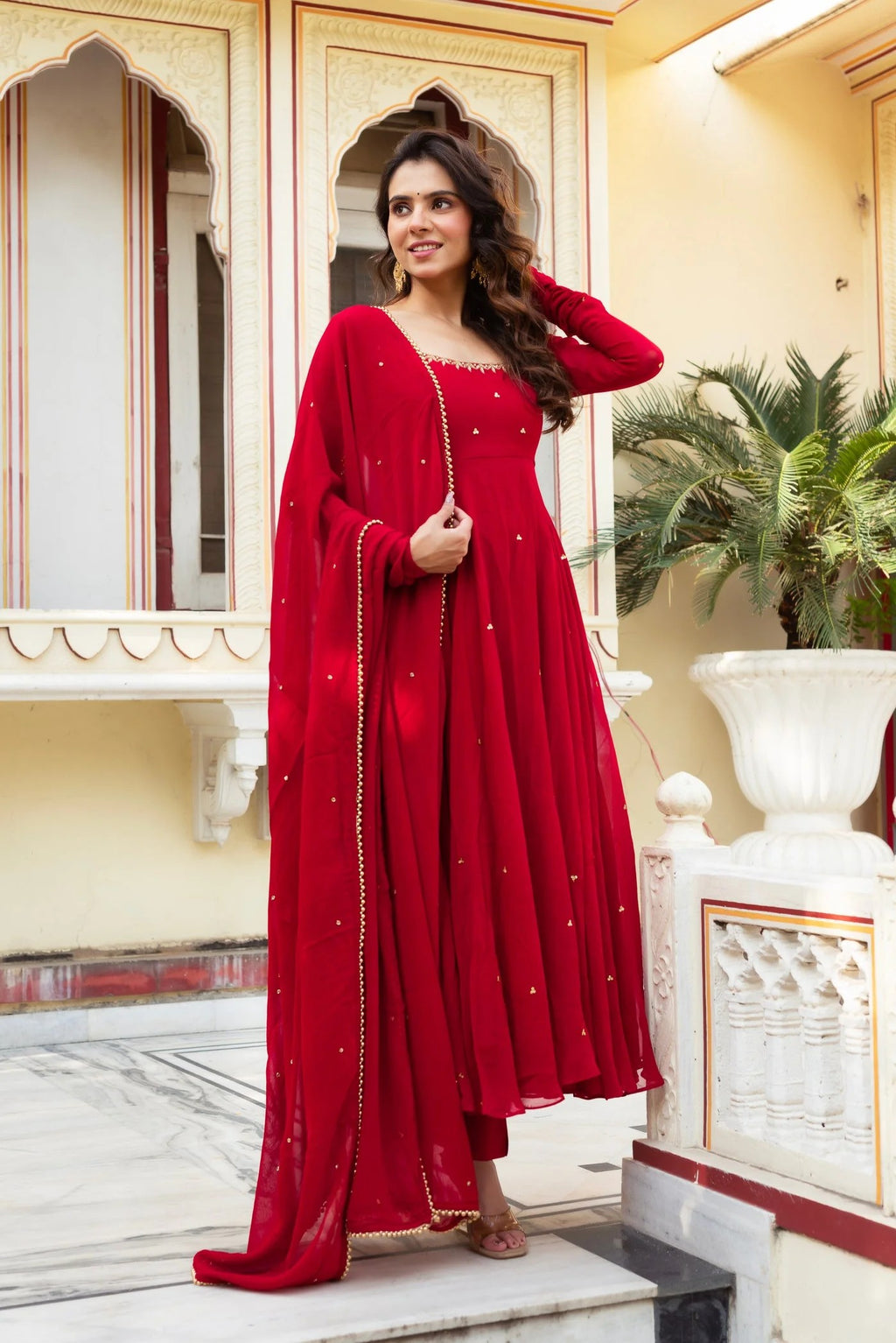 Elegance Red Georgette Anarkali Suit Set for Women