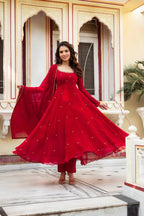 Elegance Red Georgette Anarkali Suit Set for Women