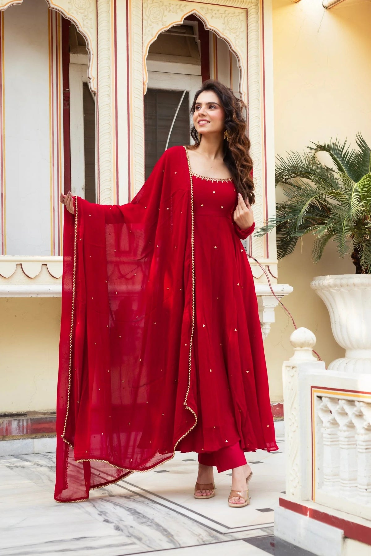 Elegance Red Georgette Anarkali Suit Set for Women