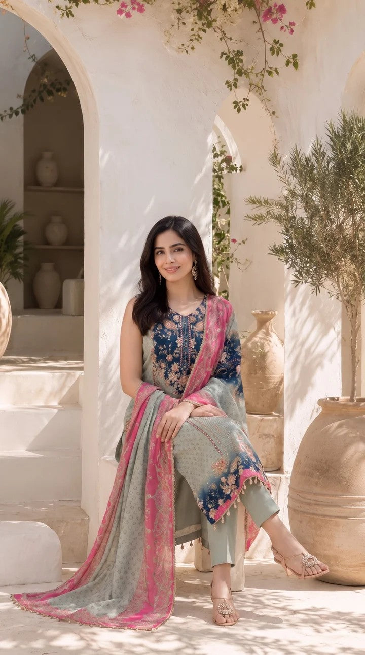 Women's Floral Printed Straight Kurta Set | Women 3-Piece Ethnic Wear