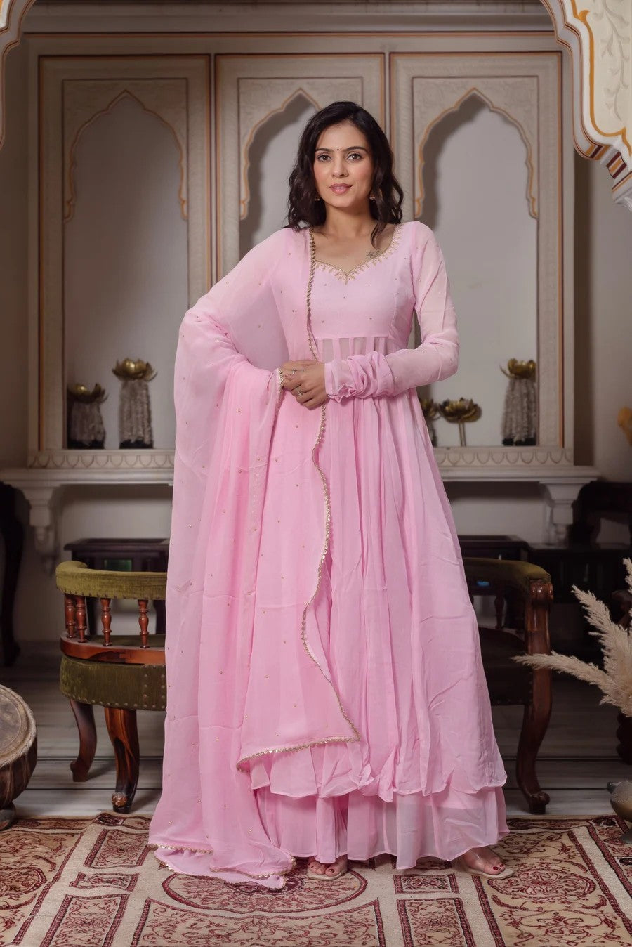 Baby Pink Georgette Anarkali Suit Set with Dupatta | Rakhi Special Ethnic Wear for Women