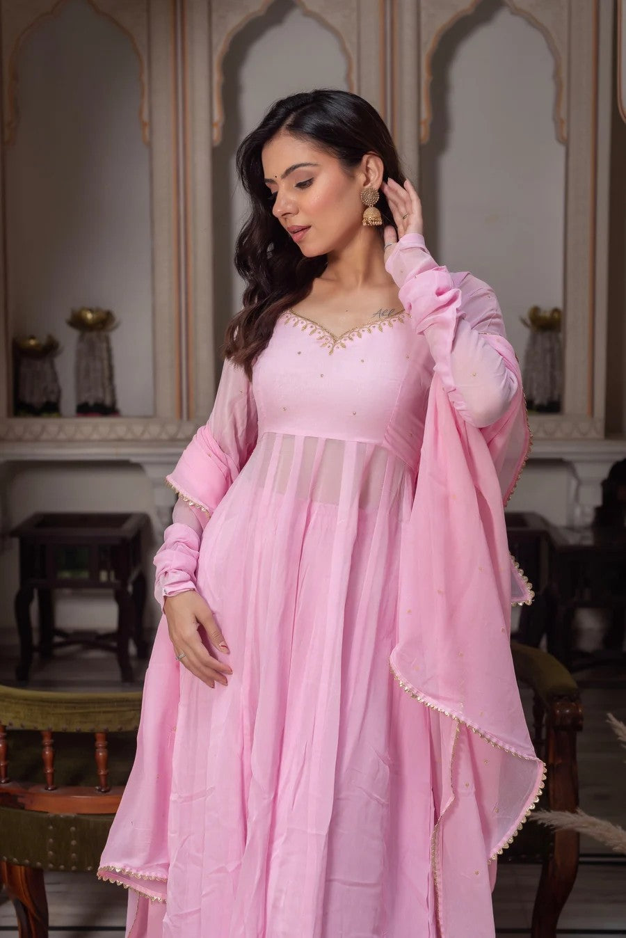 Baby Pink Georgette Anarkali Suit Set with Dupatta | Rakhi Special Ethnic Wear for Women