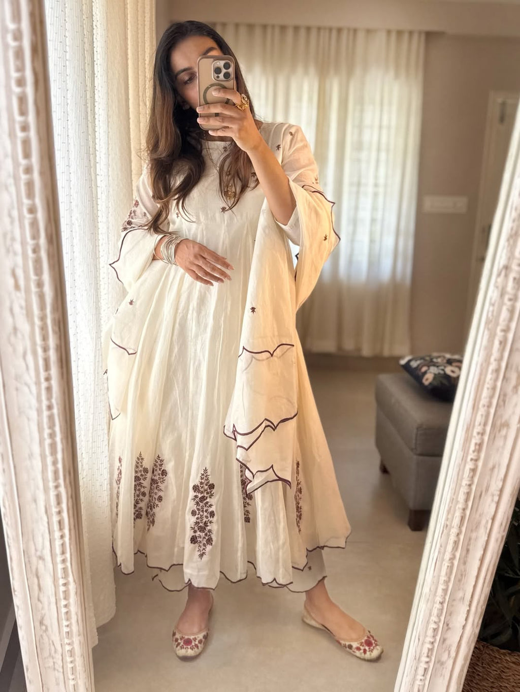 Ivory Bloom Anarkali Set | Embroidered Chanderi Suit