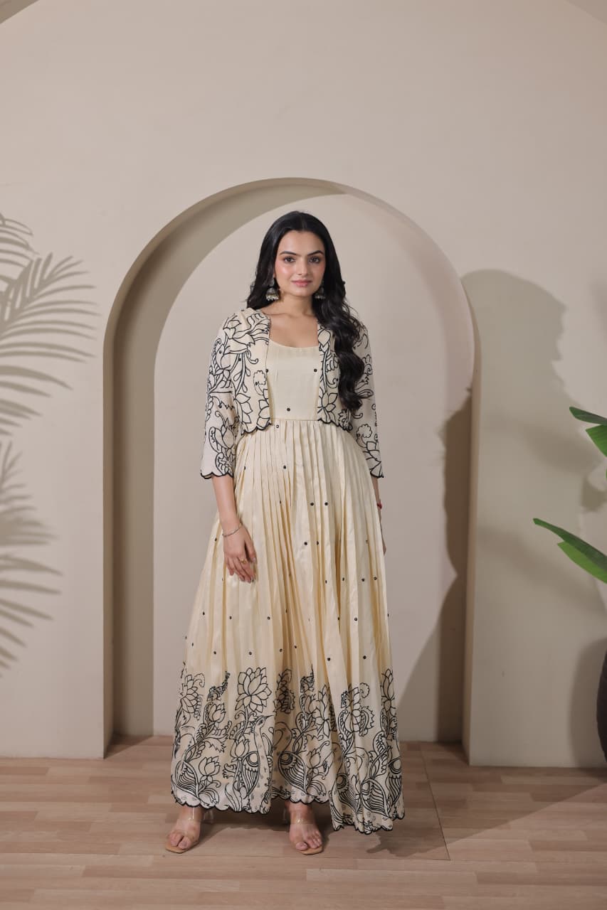 Women Tussar Silk Kalamkari print Gown With Embroidery Jacket