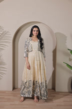 Women Tussar Silk Kalamkari print Gown With Embroidery Jacket