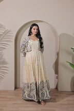 Women Tussar Silk Kalamkari print Gown With Embroidery Jacket