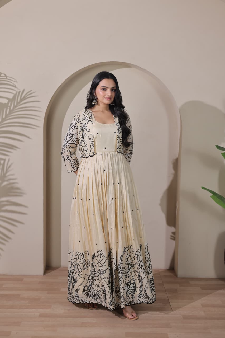 Women Tussar Silk Kalamkari print Gown With Embroidery Jacket