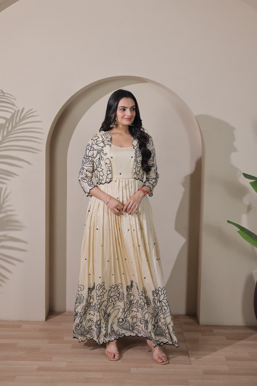 Women Tussar Silk Kalamkari print Gown With Embroidery Jacket