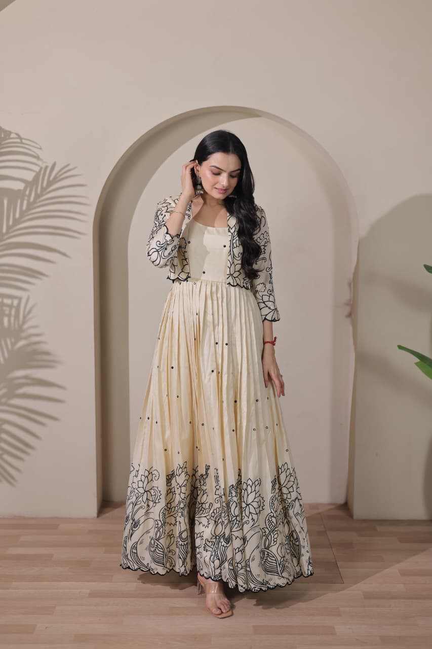 Women Tussar Silk Kalamkari print Gown With Embroidery Jacket