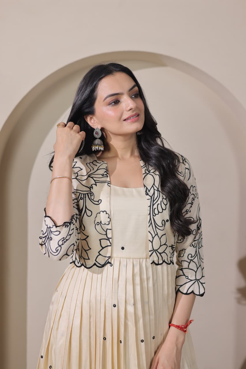 Women Tussar Silk Kalamkari print Gown With Embroidery Jacket