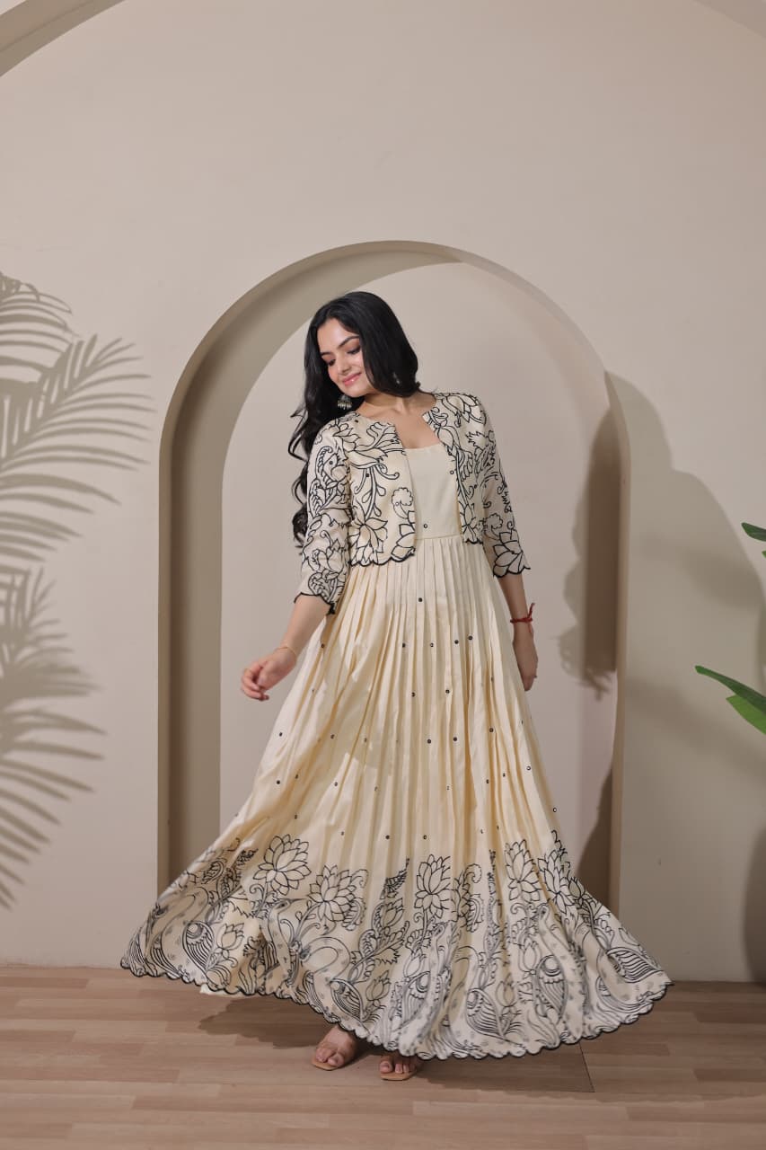 Women Tussar Silk Kalamkari print Gown With Embroidery Jacket