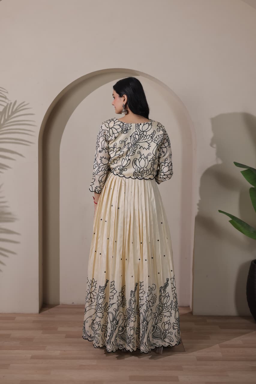 Women Tussar Silk Kalamkari print Gown With Embroidery Jacket