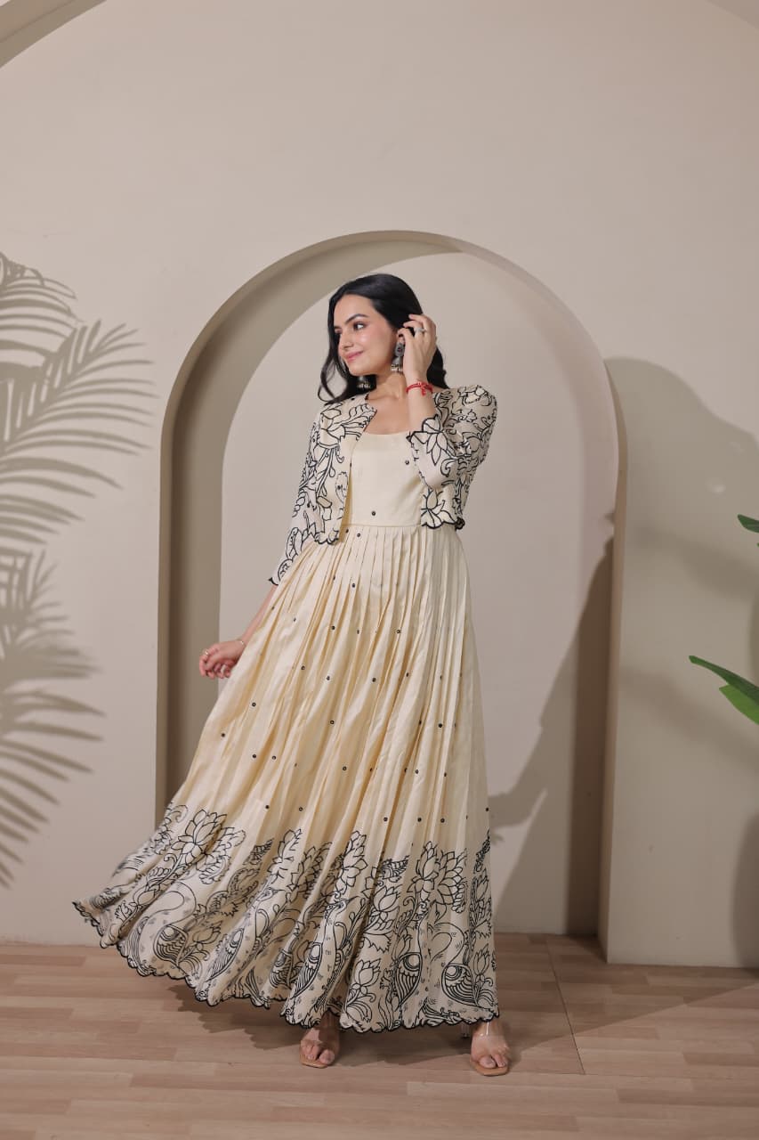 Women Tussar Silk Kalamkari print Gown With Embroidery Jacket