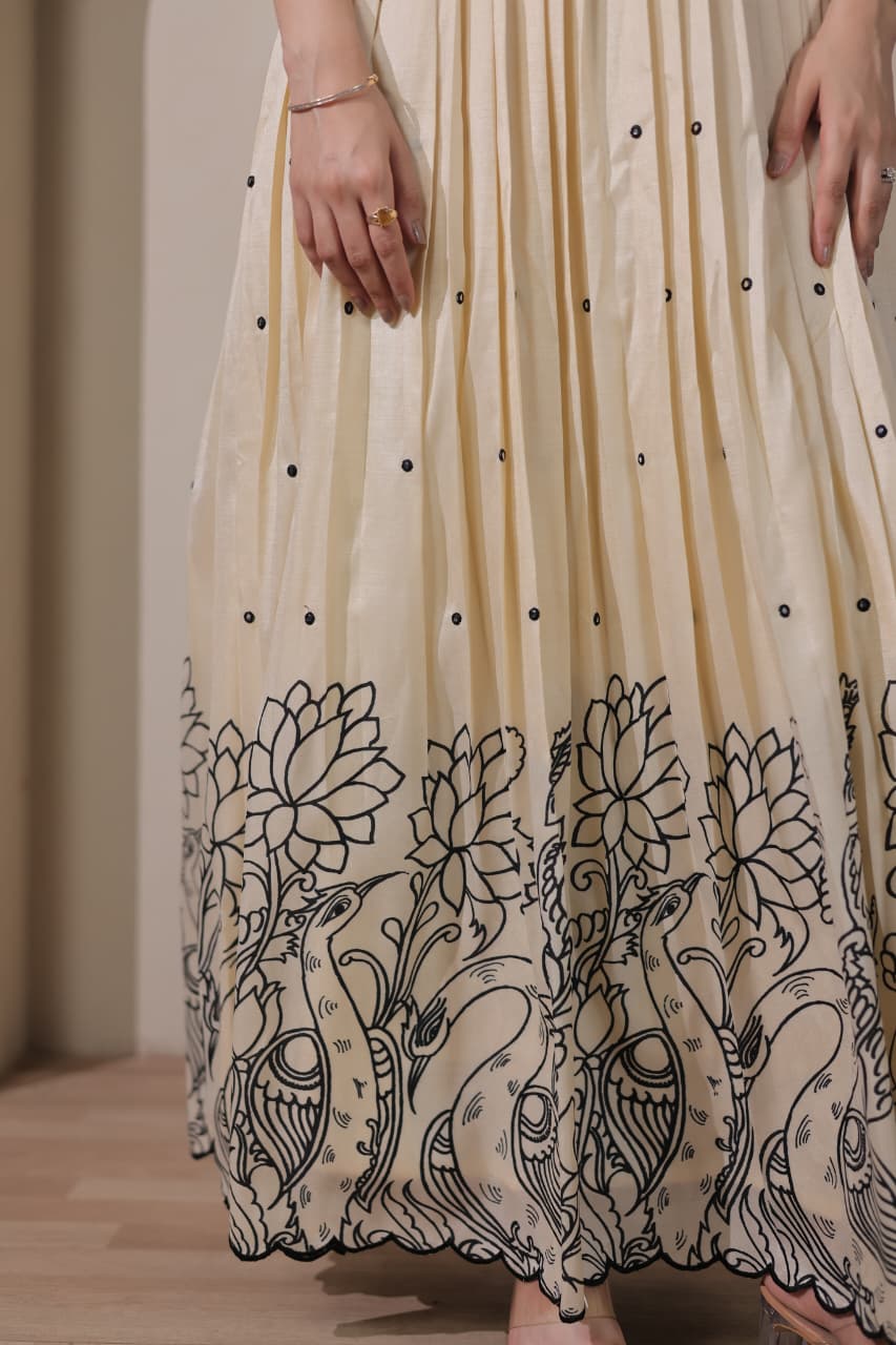 Women Tussar Silk Kalamkari print Gown With Embroidery Jacket