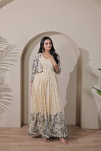 Women Tussar Silk Kalamkari print Gown With Embroidery Jacket