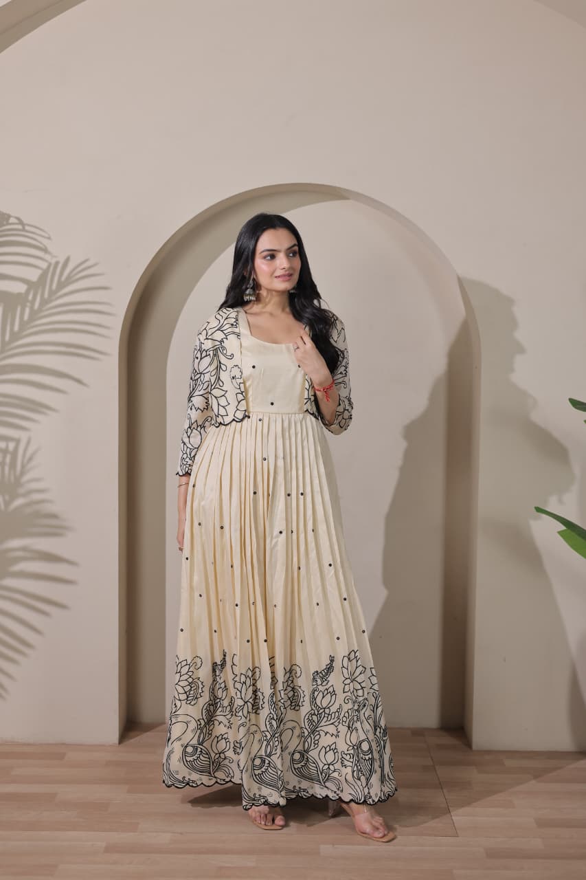 Women Tussar Silk Kalamkari print Gown With Embroidery Jacket