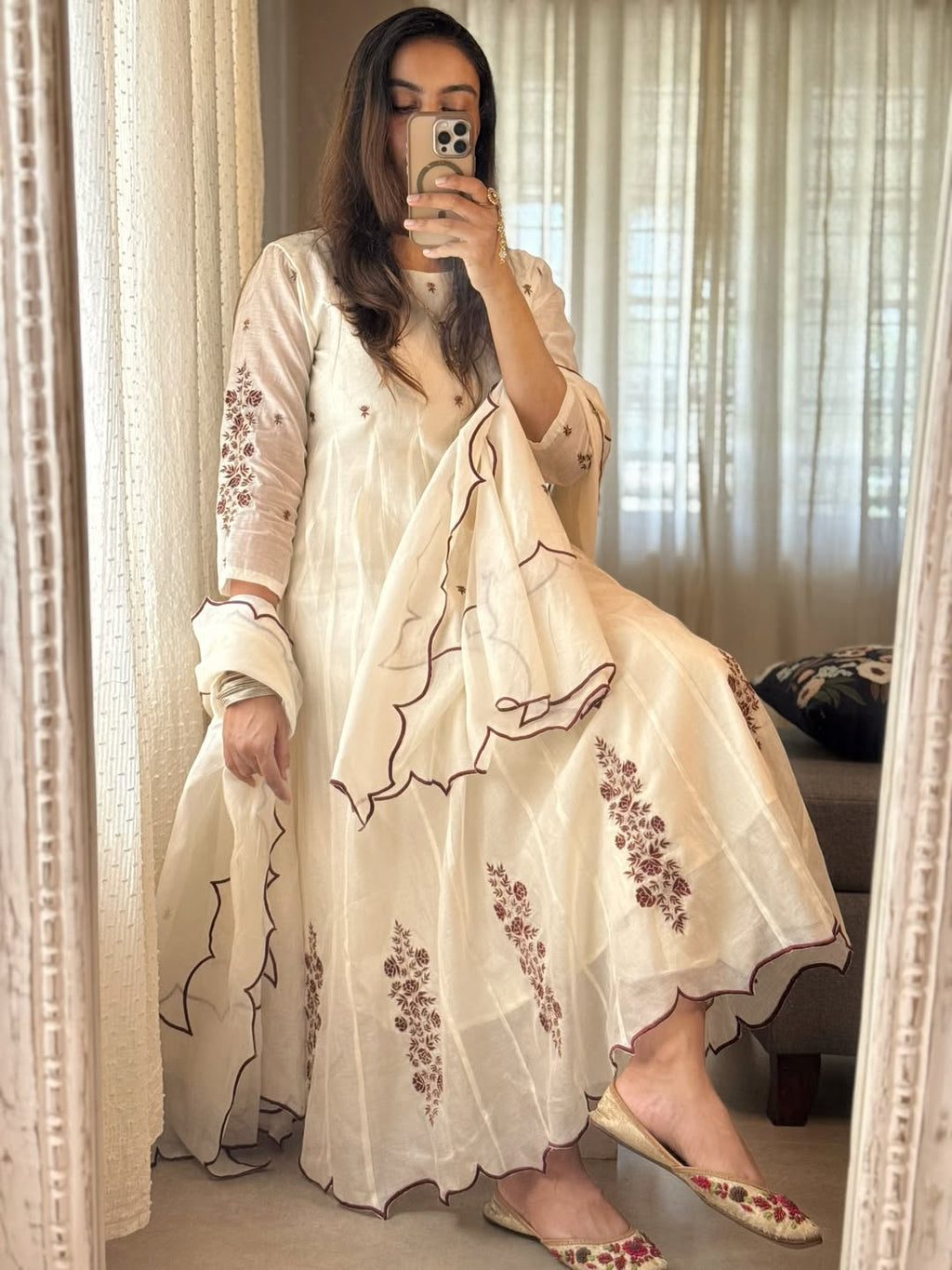 Ivory Bloom Anarkali Set | Embroidered Chanderi Suit