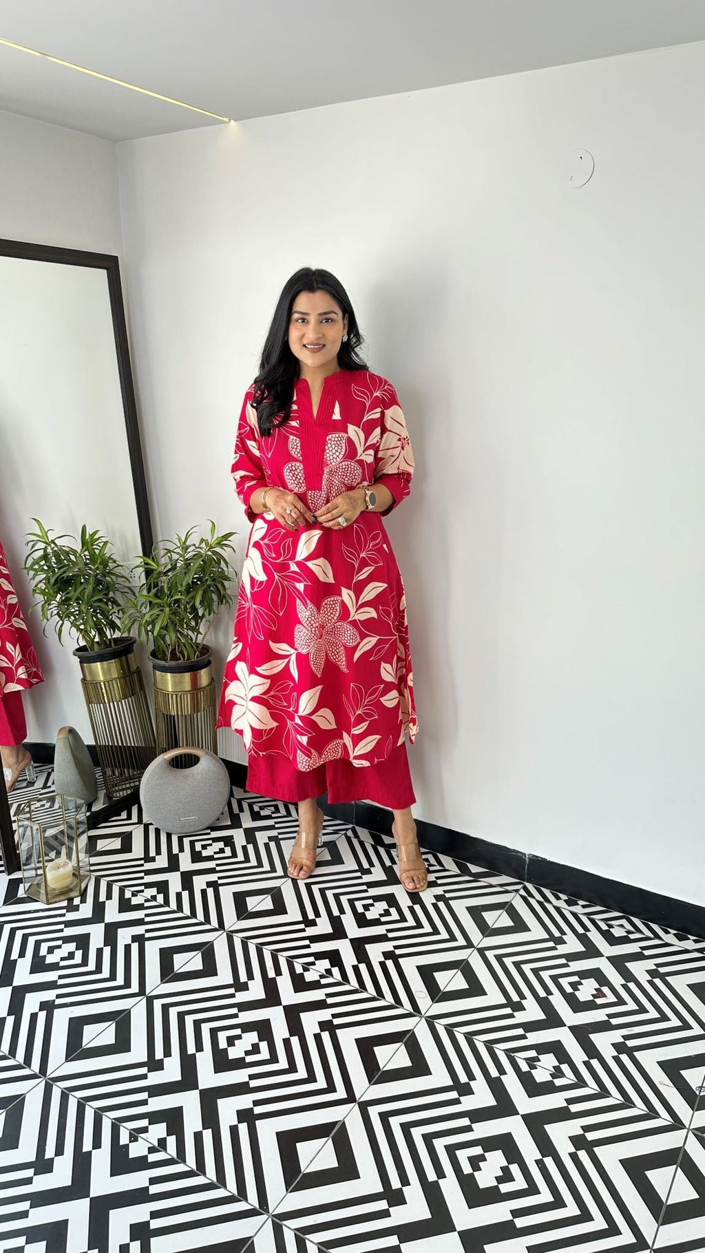 Red Aster Floral Kurta and Pants Set for Women