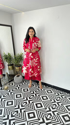 Red Aster Floral Kurta and Pants Set for Women
