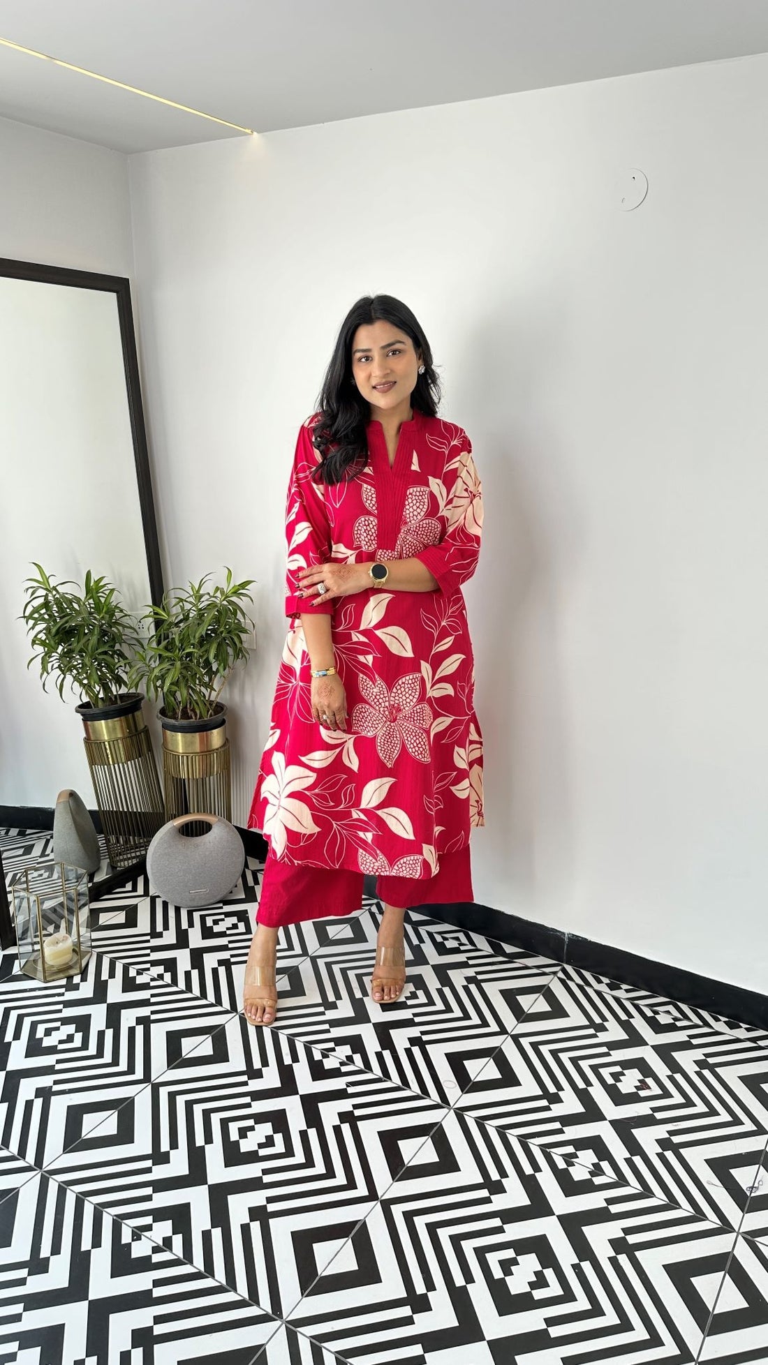 Red Aster Floral Kurta and Pants Set for Women