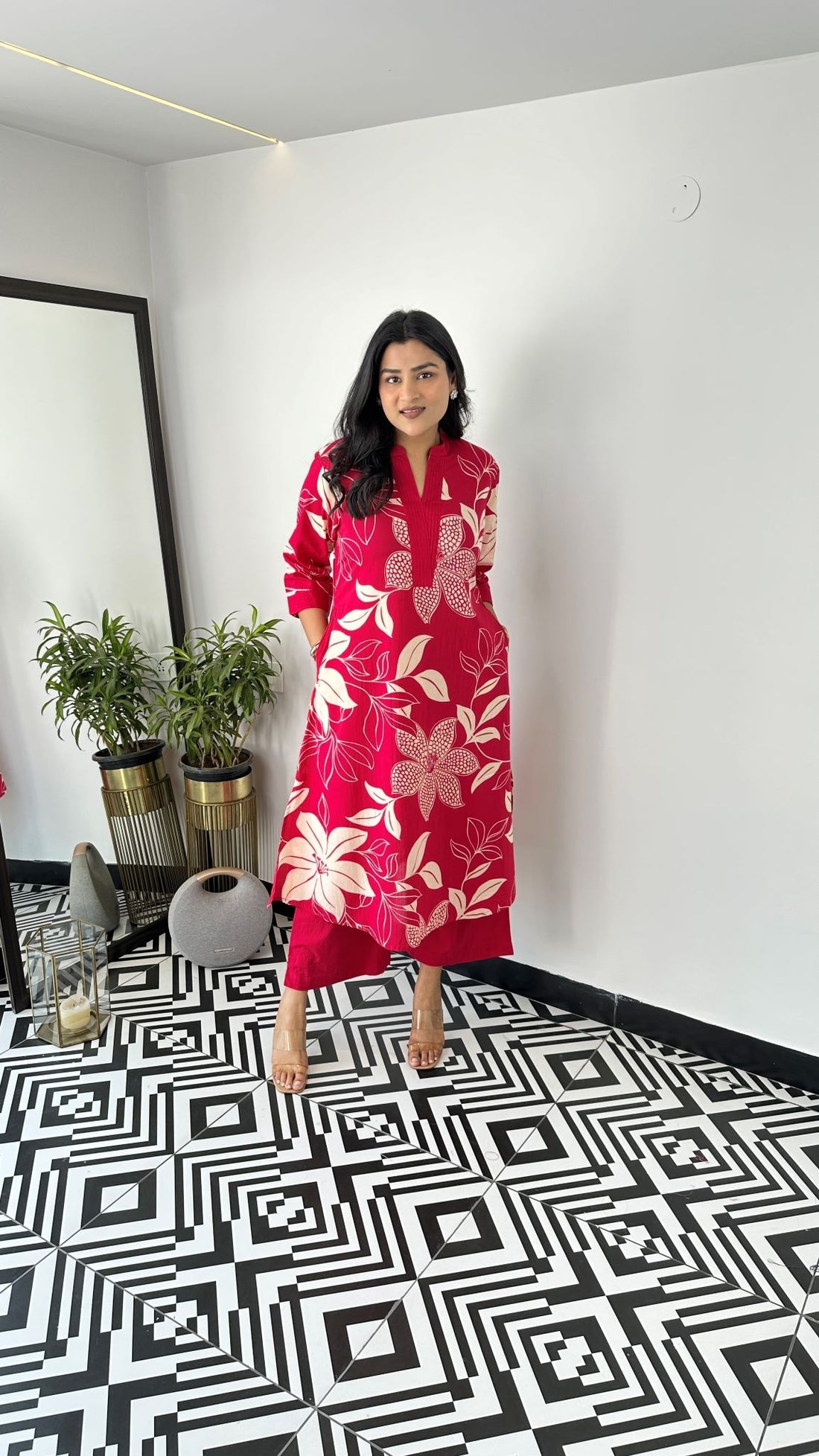 Red Aster Floral Kurta and Pants Set for Women