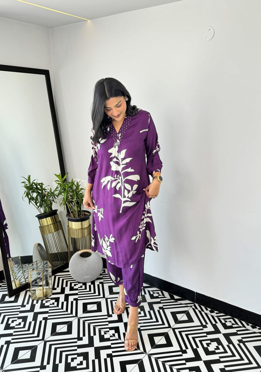 Purple Autumn Floral Kurta & Pants Set