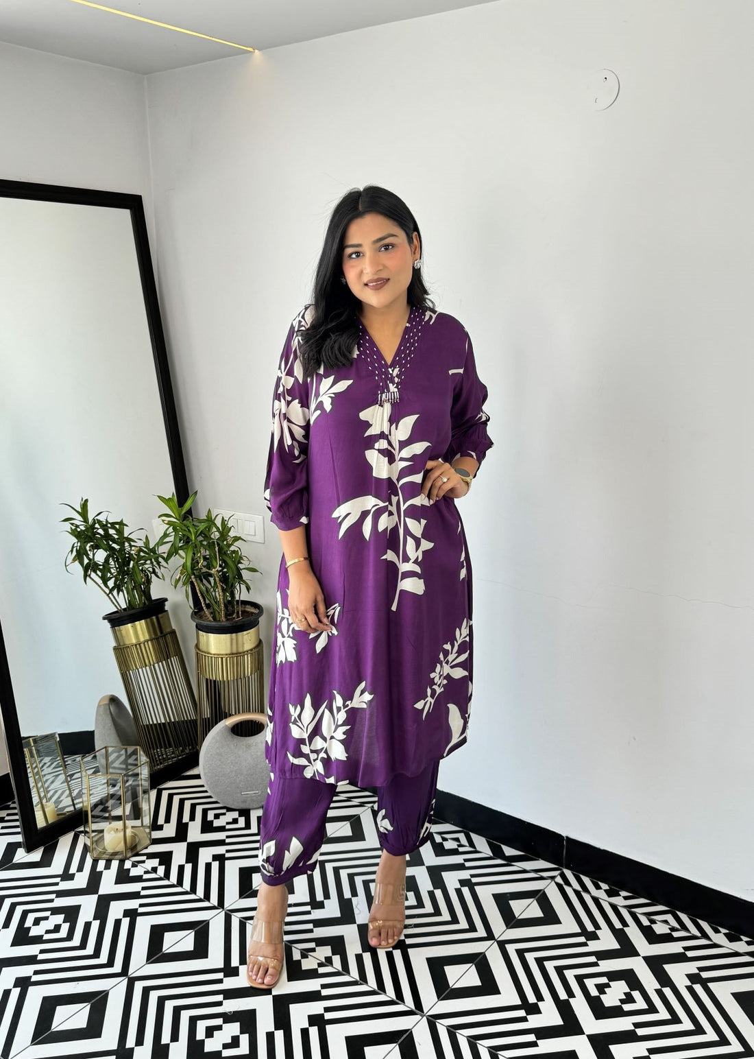 Purple Autumn Floral Kurta & Pants Set