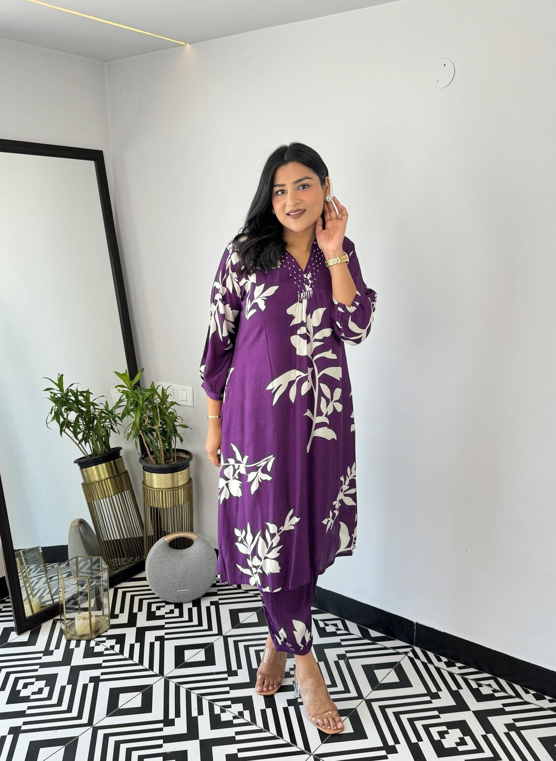 Purple Autumn Floral Kurta & Pants Set