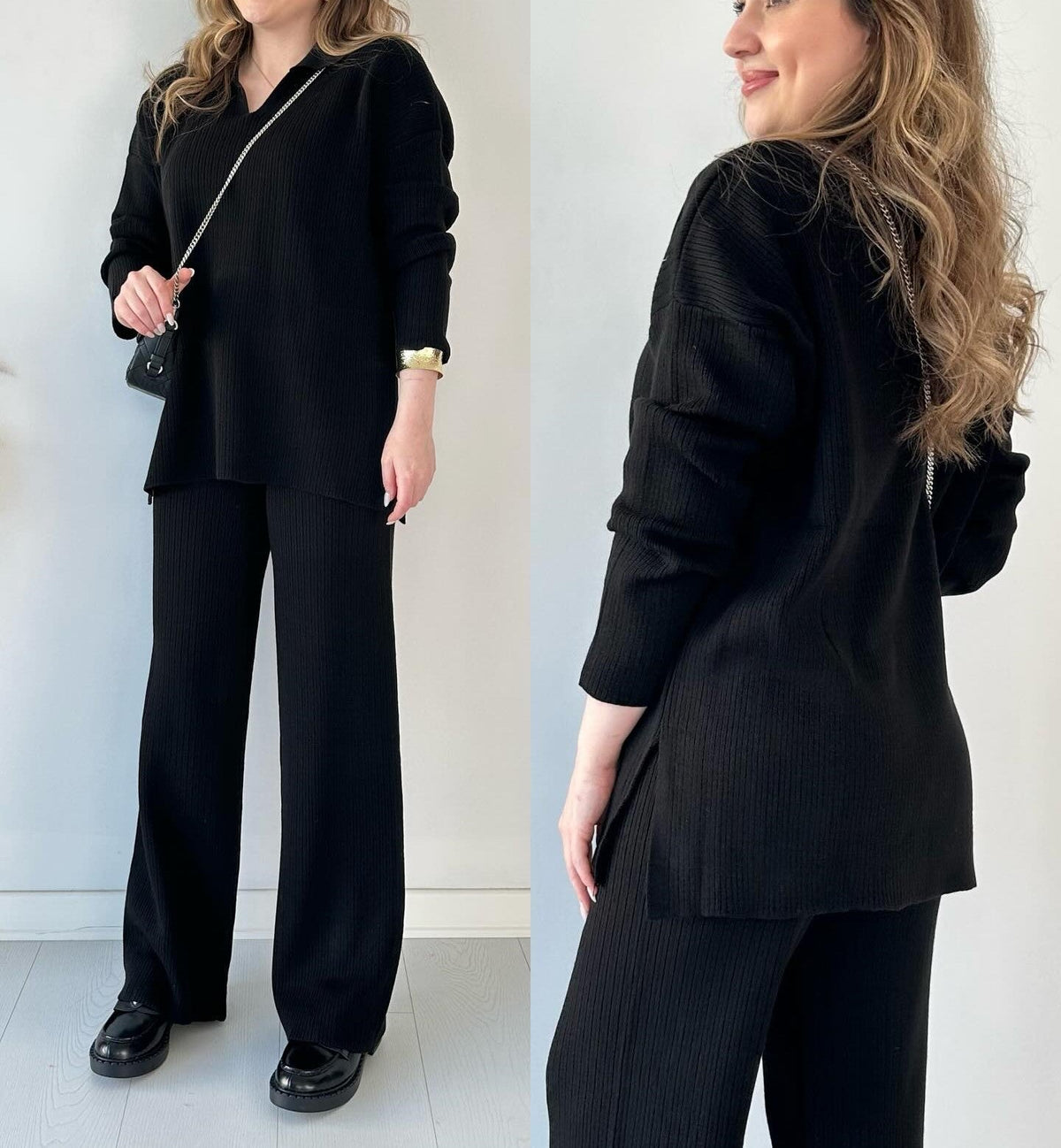 winter v-neck casual slit knitted two piece set