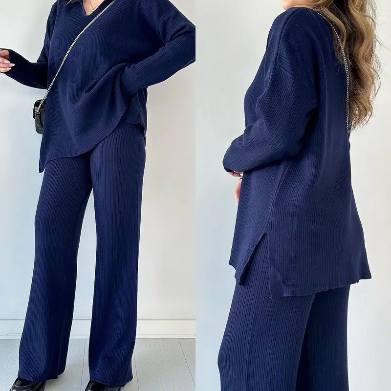 winter v-neck casual slit knitted two piece set