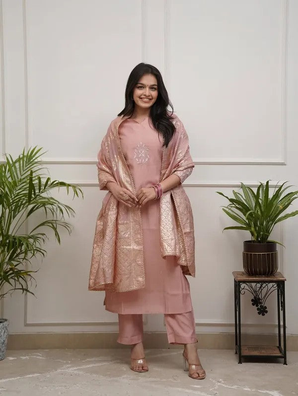 Blush Pink Embroidered Kurta Suit Set with Dupatta | Women Ethnic Wear